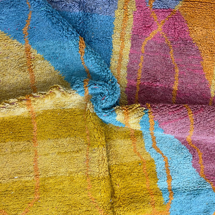 Vintage Moroccan wool rug 7.35x5.41 ft, handmade Berber shag rug with abstract geometric design in mustard yellow, pink and turquoise tones