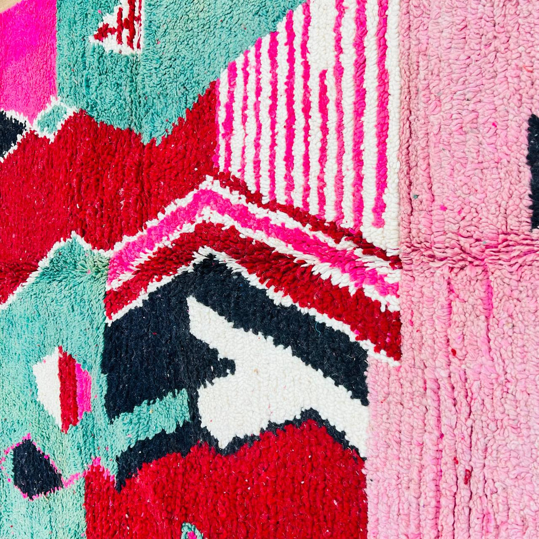 Vintage Moroccan wool rug with colorful abstract Berber patterns, handmade in Morocco