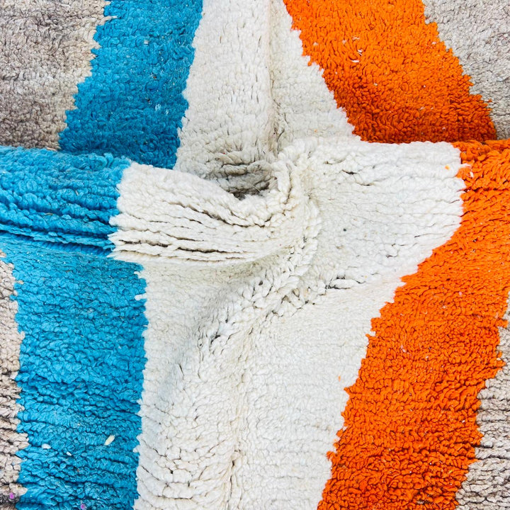 Vintage Moroccan wool rug with abstract blue, ivory and orange stripe on beige background, handmade Berber rug 264x152 cm