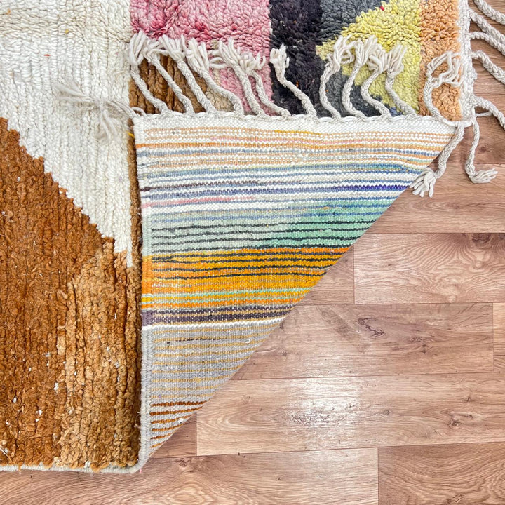 Vintage Moroccan wool rug with pastel geometric blocks in pink, green, blue and caramel