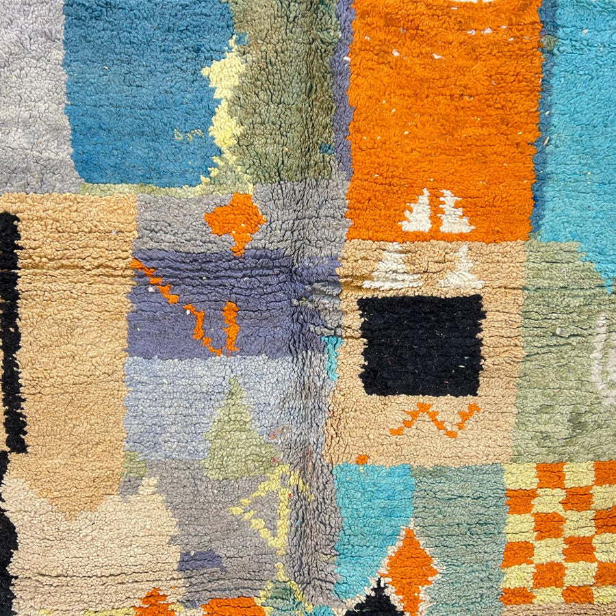Vintage Moroccan wool rug with colorful geometric blocks in orange, beige, turquoise, green and black, handwoven Berber carpet 251x169 cm