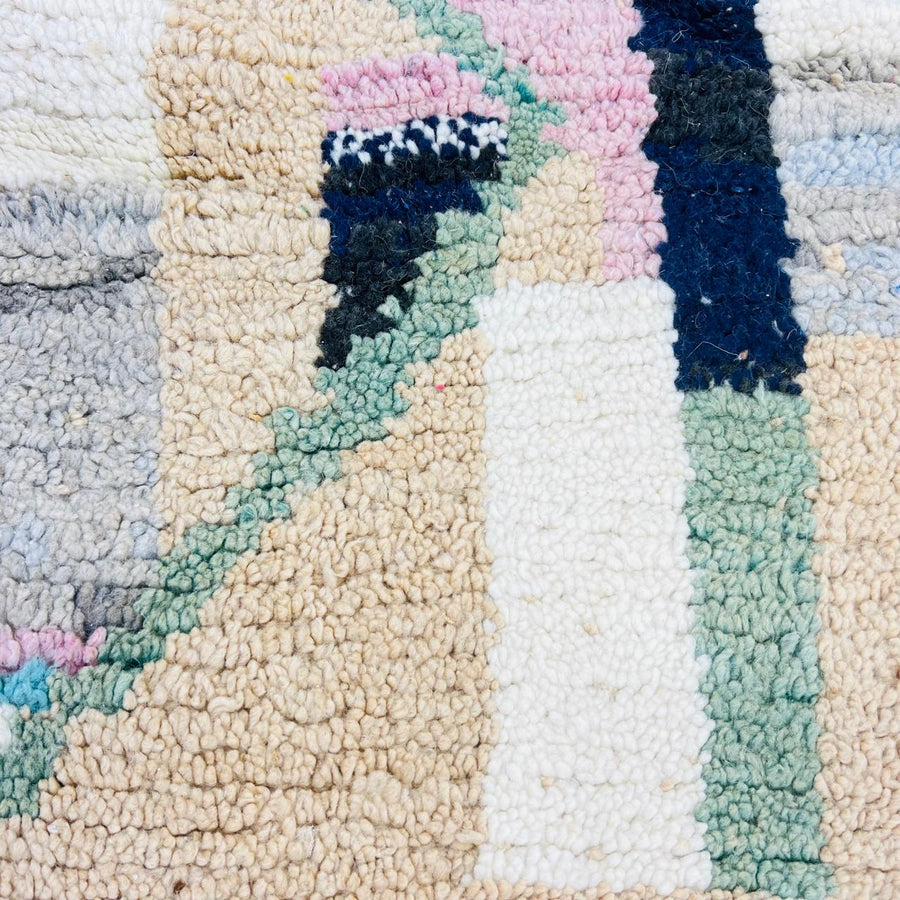 Vintage Moroccan wool rug with colorful patchwork Berber geometric design in pastel tones, handmade in Morocco