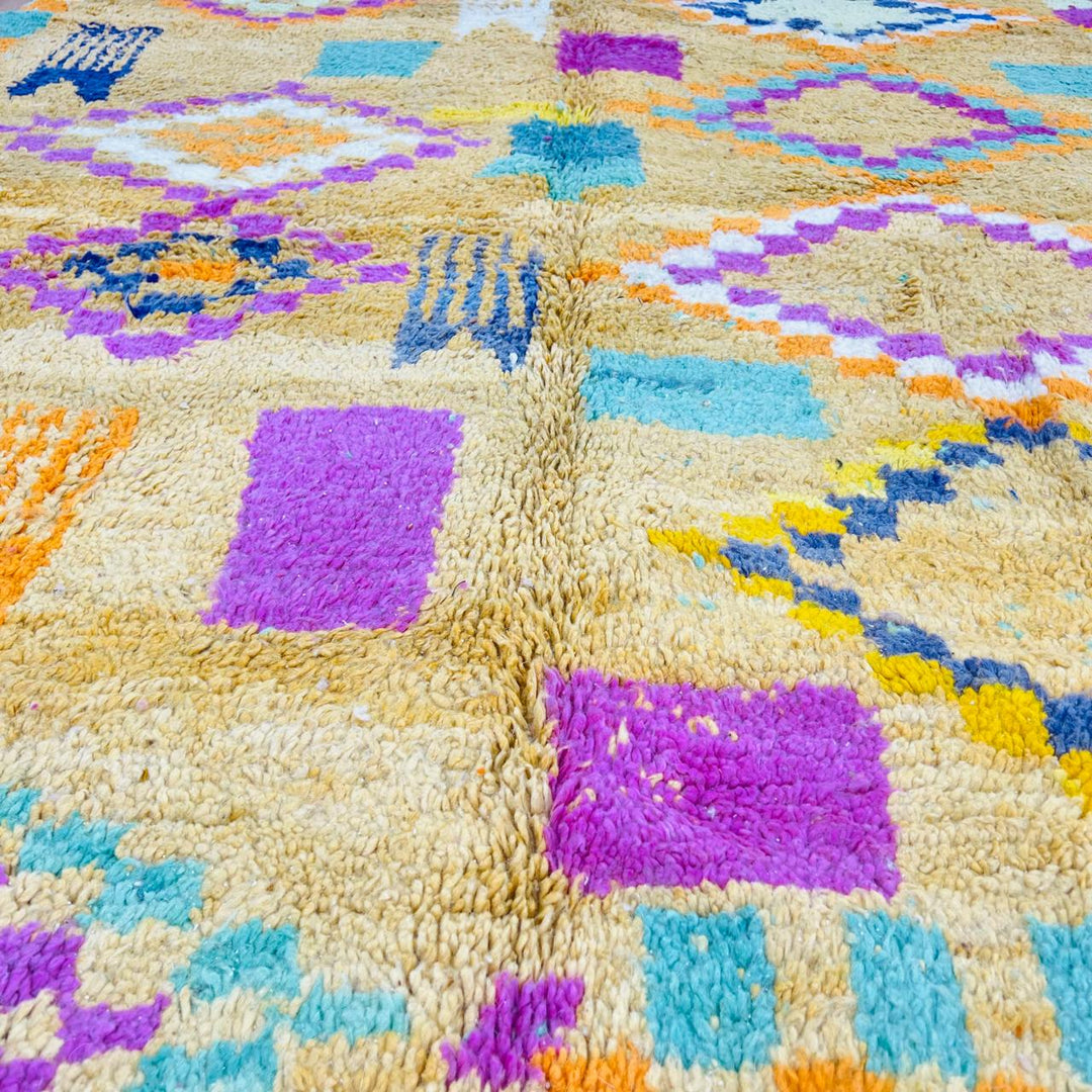 Vintage Moroccan wool rug with mustard yellow base and colorful Berber diamond patterns, handmade in Morocco, size 240x170 cm