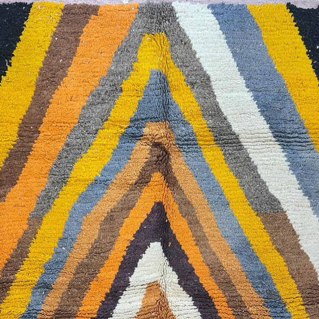 Vintage Moroccan wool rug with chevron tribal pattern in mustard yellow, orange, cream, black and blue, handwoven Berber rug 258x155 cm