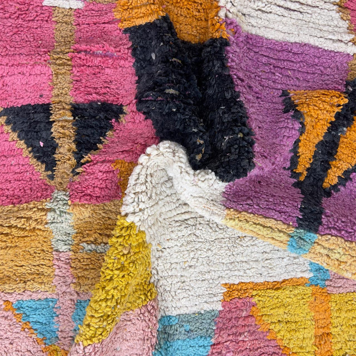 Vintage Moroccan wool rug 8.82x8.79 ft, handmade Berber rug with abstract geometric pattern, colorful shag Moroccan carpet in yellow, pink, turquoise and black tones