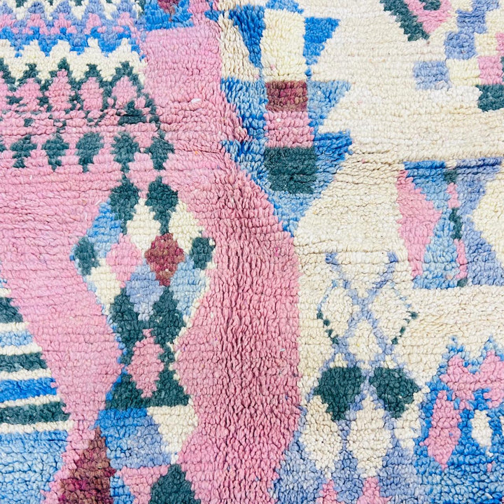 Vintage Moroccan wool rug with abstract Berber symbols in blush pink, pastel yellow and blue, size 263x160 cm