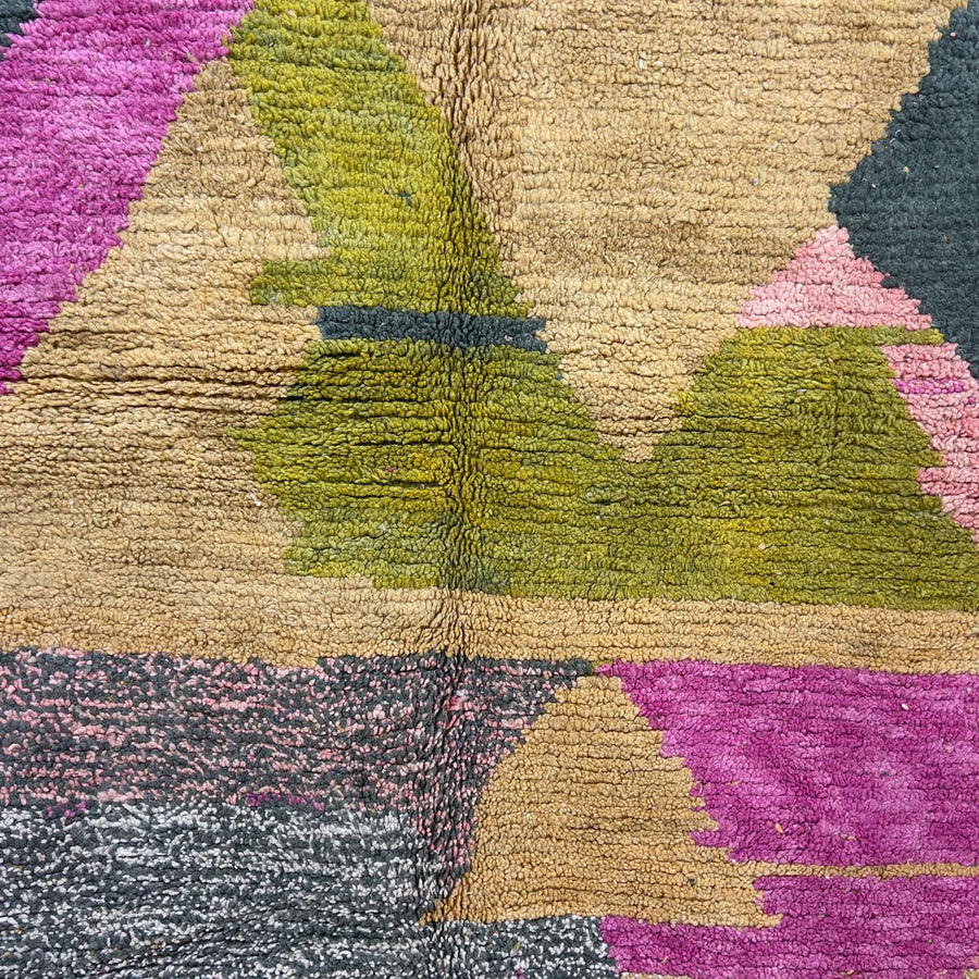 Vintage Moroccan wool rug 8.04x5.35 ft, handmade Berber shag carpet with abstract geometric shapes in beige, pink, green and charcoal tones