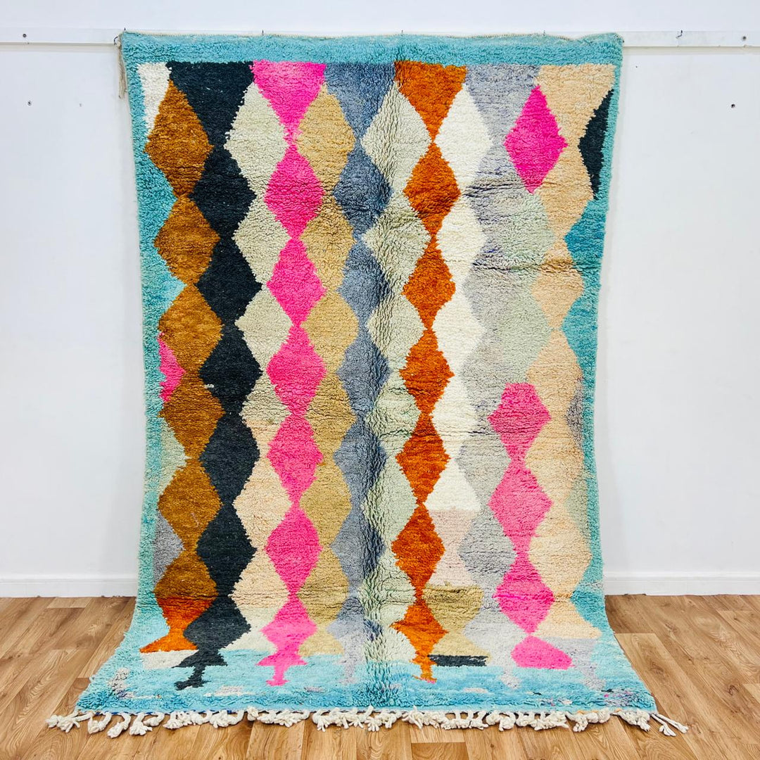 Vintage Moroccan wool rug with colorful Berber diamond geometric pattern, handmade in Morocco
