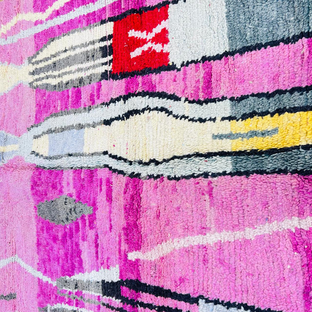 Vintage Moroccan wool rug in pink with abstract Berber pattern, handmade in Morocco, 249 x 156 cm