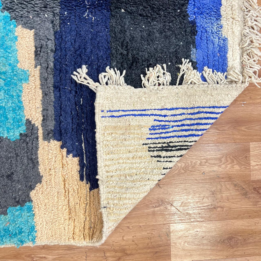 Vintage Moroccan wool rug with abstract Berber design in blue, beige, and magenta, 240x165 cm