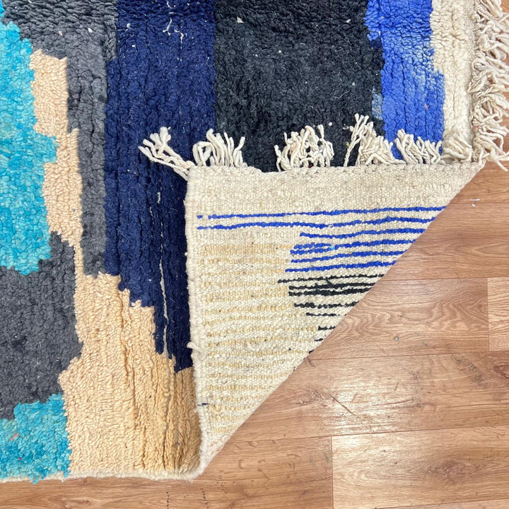 Vintage Moroccan wool rug with abstract Berber design in blue, beige, and magenta, 240x165 cm