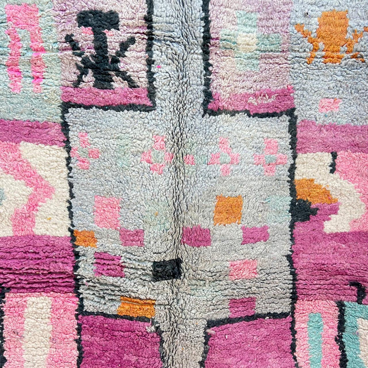 Vintage Moroccan Berber rug with pink abstract block design, handmade in Morocco