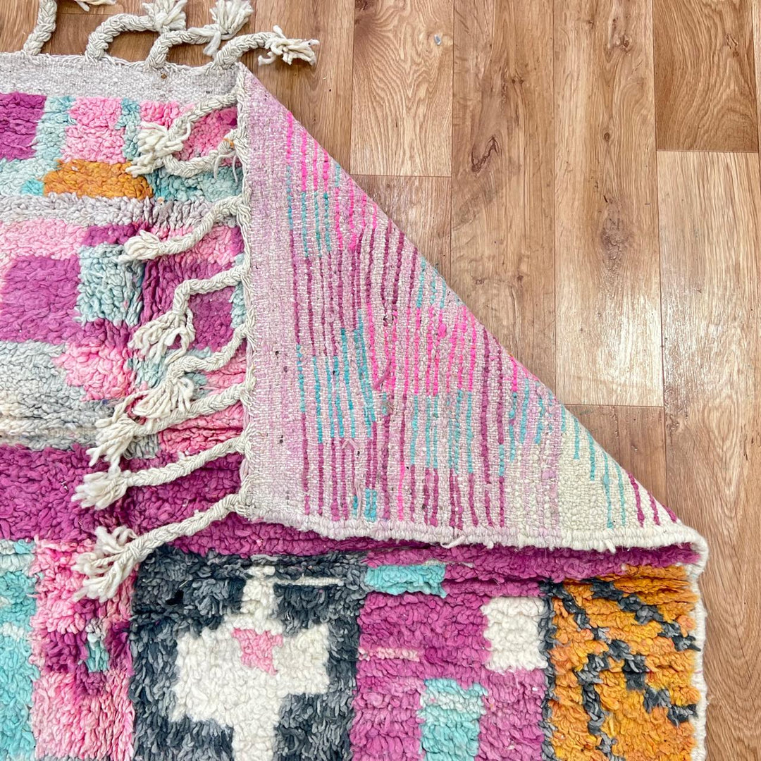 Vintage Moroccan Berber rug with pink abstract block design, handmade in Morocco