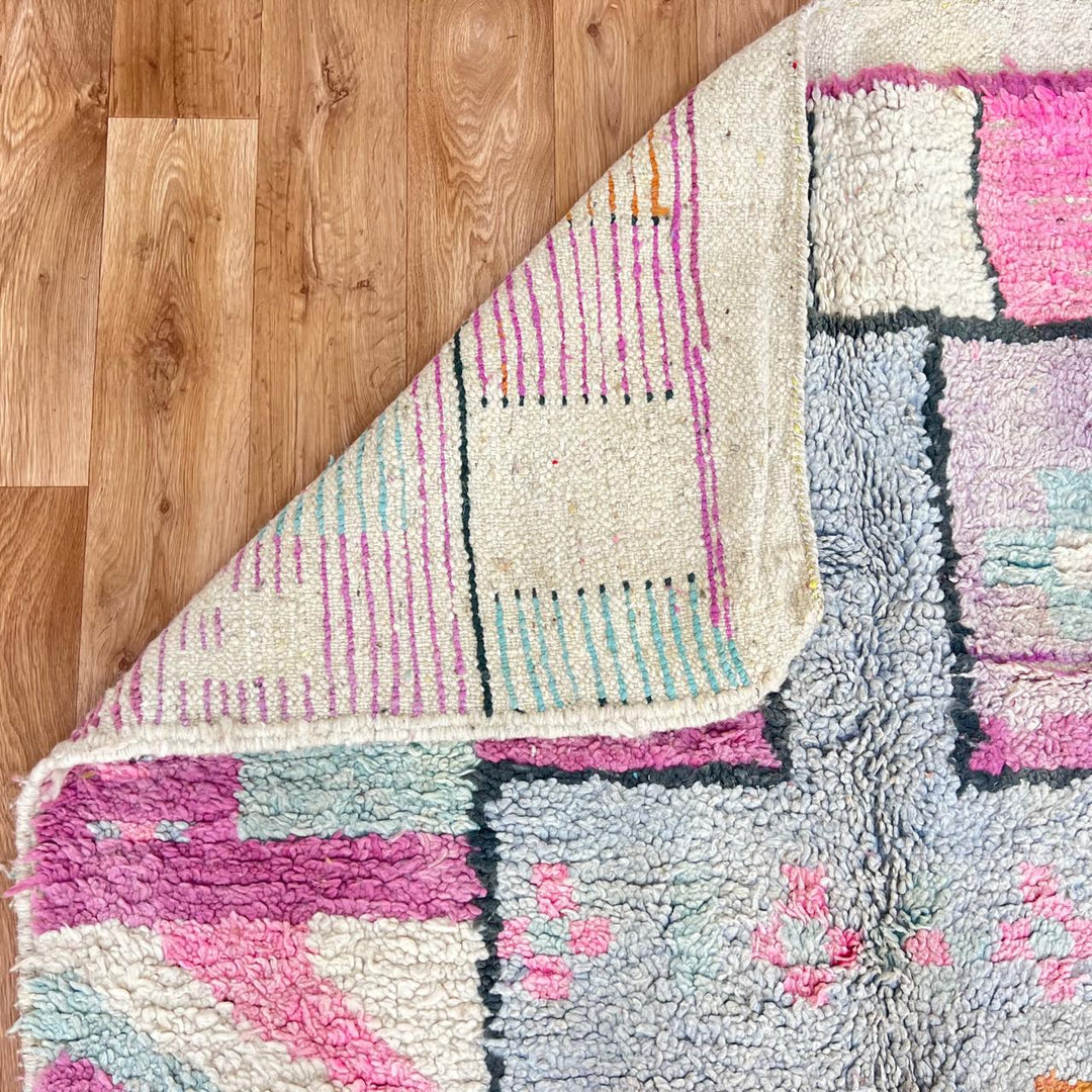Vintage Moroccan Berber rug with pink abstract block design, handmade in Morocco