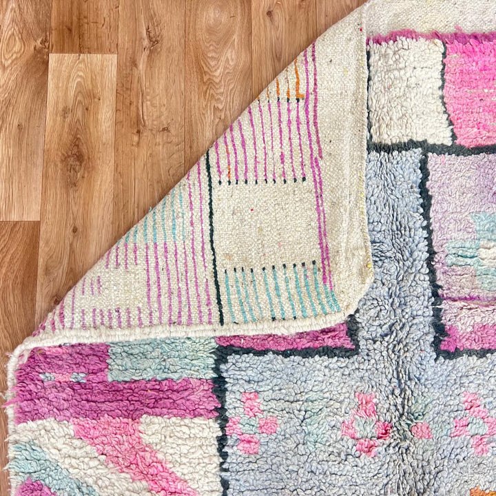 Vintage Moroccan Berber rug with pink abstract block design, handmade in Morocco