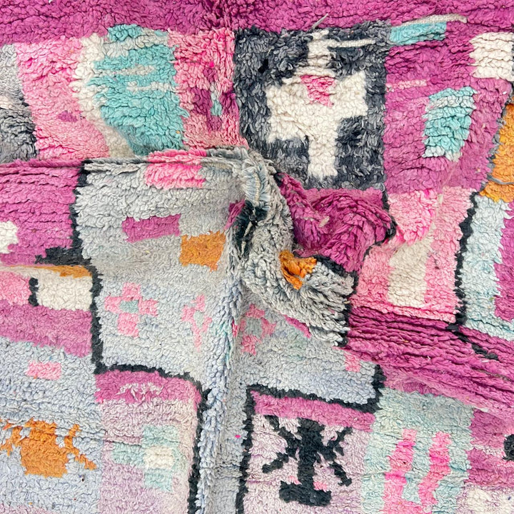 Vintage Moroccan Berber rug with pink abstract block design, handmade in Morocco