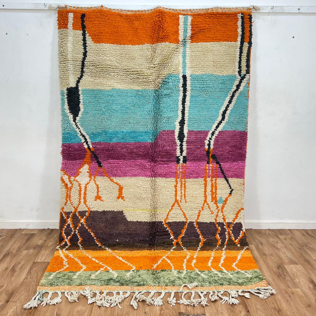 Vintage Moroccan Berber rug with bold abstract stripes in orange turquoise and ivory wool