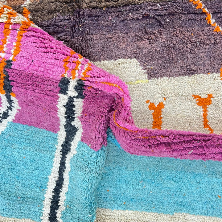 Vintage Moroccan Berber rug with bold abstract stripes in orange turquoise and ivory wool