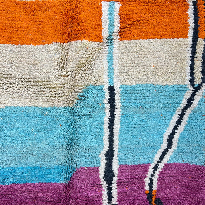 Vintage Moroccan Berber rug with bold abstract stripes in orange turquoise and ivory wool