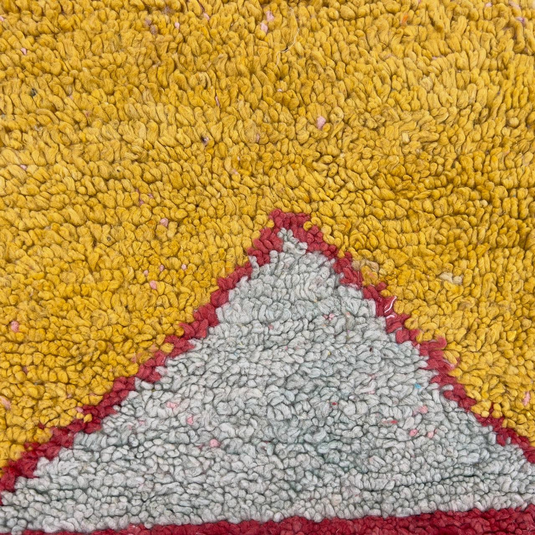 Vintage Moroccan wool rug 8.82 x 5.35 ft Rug 82 with colorful patchwork geometric design in turquoise, orange, pink, yellow and cream tones