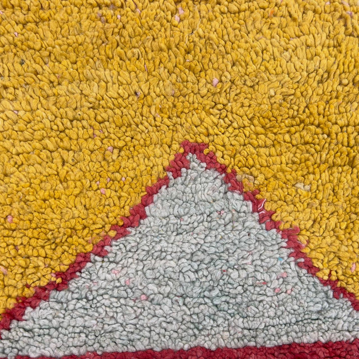Vintage Moroccan wool rug 8.82 x 5.35 ft Rug 82 with colorful patchwork geometric design in turquoise, orange, pink, yellow and cream tones