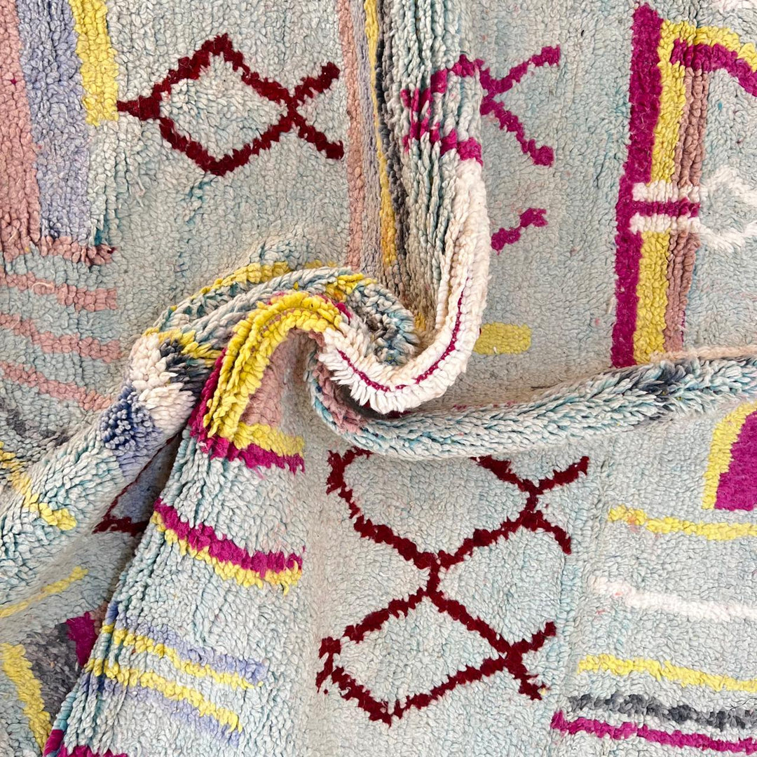 Vintage Moroccan wool rug with abstract Berber symbols in grey, burgundy and mustard, handmade in Morocco, size 253 x 152 cm.