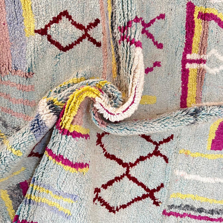 Vintage Moroccan wool rug with abstract Berber symbols in grey, burgundy and mustard, handmade in Morocco, size 253 x 152 cm.