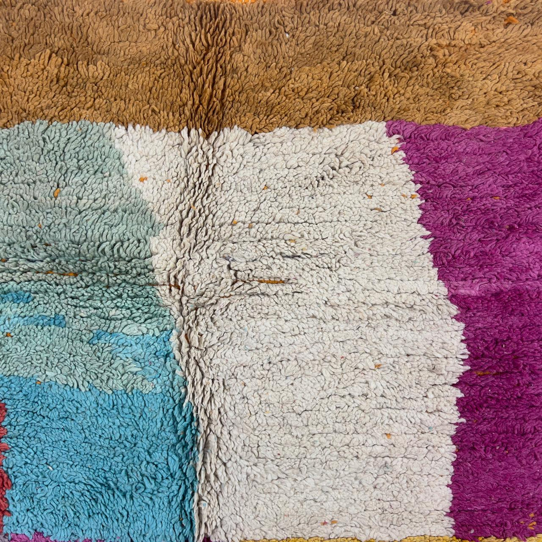 Vintage Moroccan wool rug with colorful patchwork blocks in orange, pink, yellow and blue tones, handmade Berber rug 8.33 x 5.09 ft