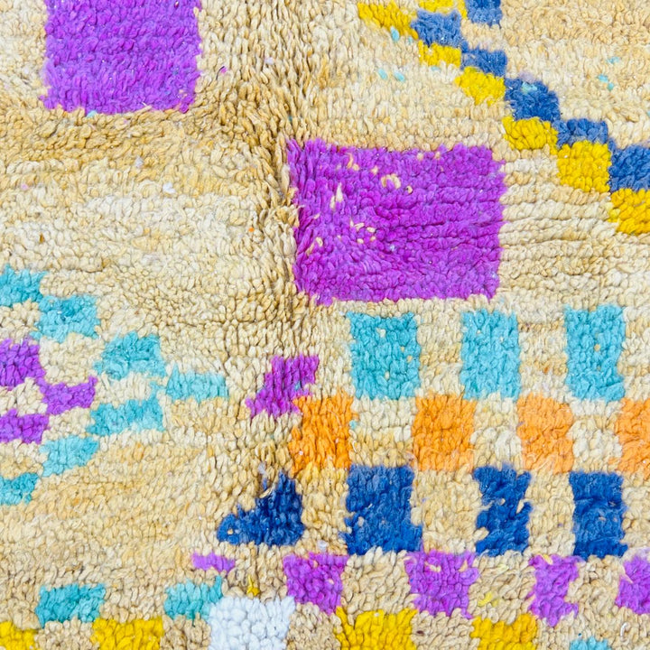Vintage Moroccan wool rug with mustard yellow base and colorful Berber diamond patterns, handmade in Morocco, size 240x170 cm