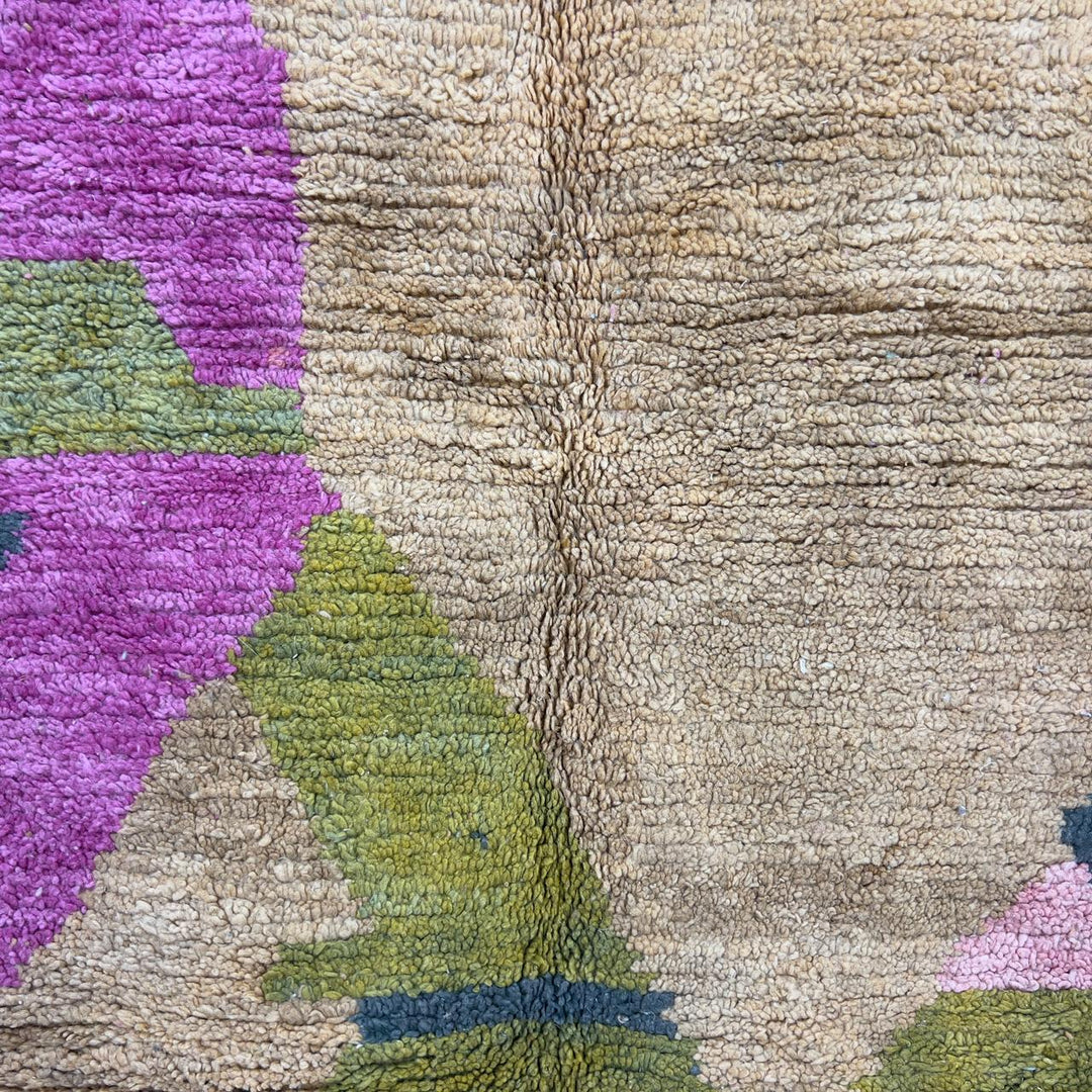 Vintage Moroccan wool rug 8.04x5.35 ft, handmade Berber shag carpet with abstract geometric shapes in beige, pink, green and charcoal tones
