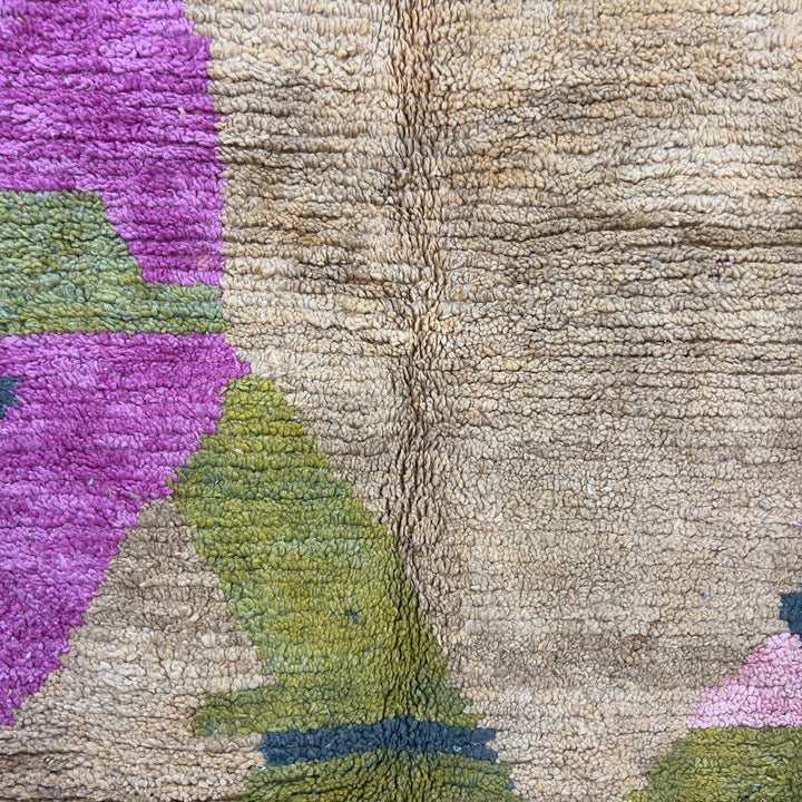 Vintage Moroccan wool rug 8.04x5.35 ft, handmade Berber shag carpet with abstract geometric shapes in beige, pink, green and charcoal tones