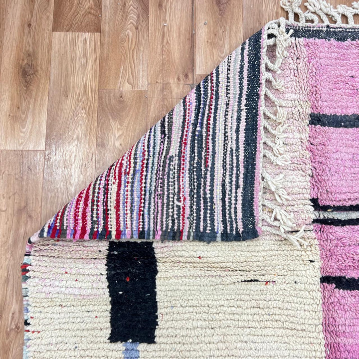 Vintage Moroccan wool rug in soft pink and ivory with abstract Berber lines and geometric motifs, handmade rug 259x159 cm