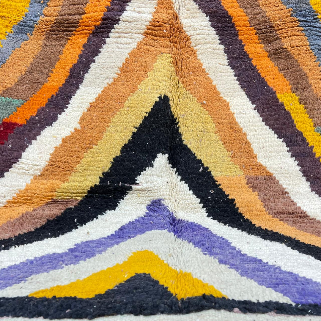 Vintage Moroccan wool rug with chevron tribal pattern in mustard yellow, orange, cream, black and blue, handwoven Berber rug 258x155 cm