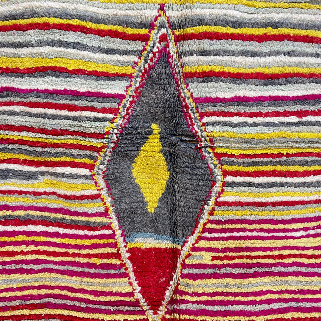 Vintage Moroccan wool rug with red, yellow, grey and ivory stripes and central diamond motif, handwoven Berber rug 235x152 cm