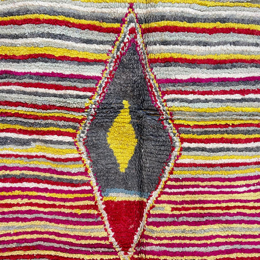 Vintage Moroccan wool rug with red, yellow, grey and ivory stripes and central diamond motif, handwoven Berber rug 235x152 cm