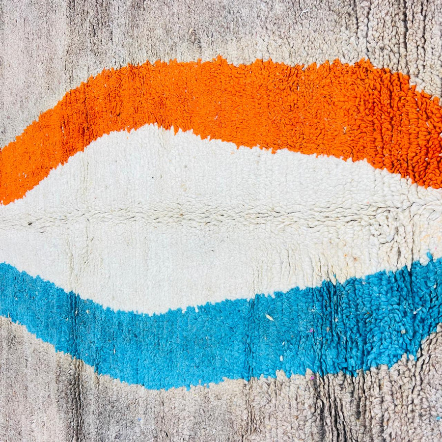 Vintage Moroccan wool rug with abstract blue, ivory and orange stripe on beige background, handmade Berber rug 264x152 cm