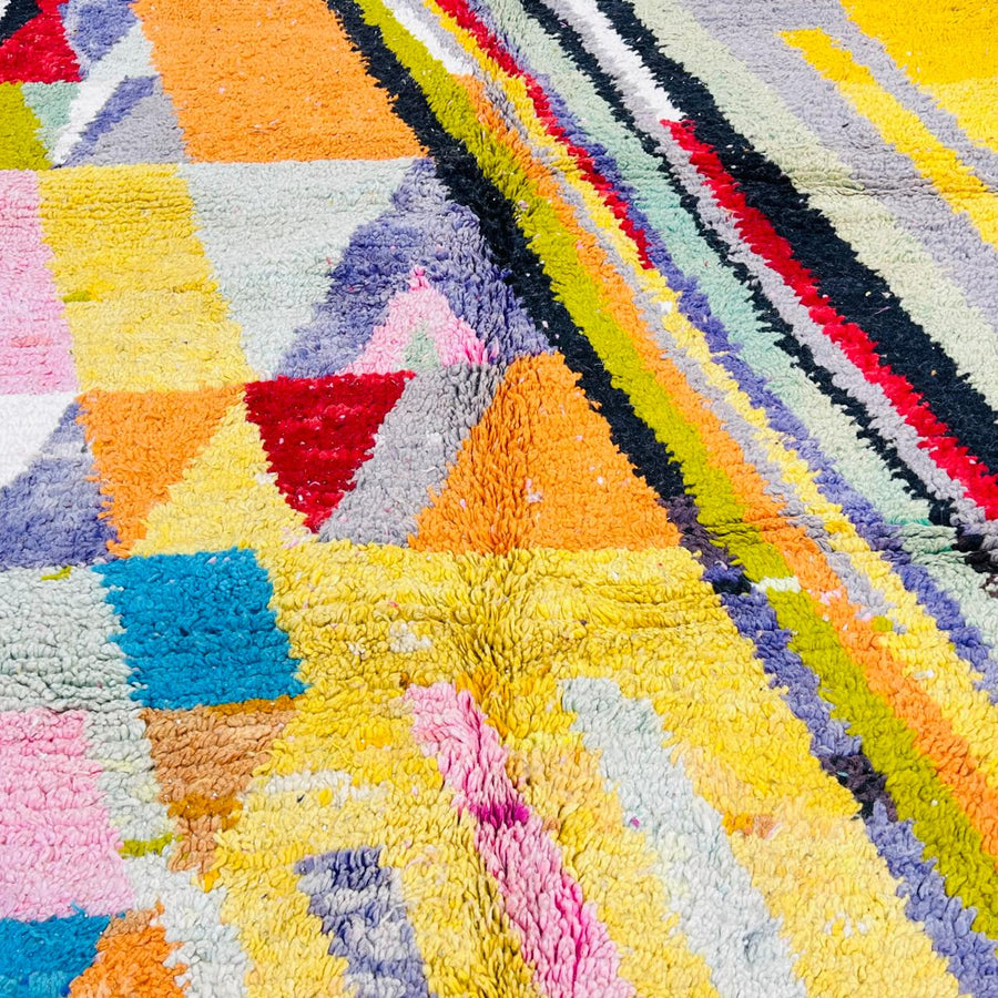 Vintage Moroccan wool rug with colorful abstract Berber geometric design, handmade in Morocco