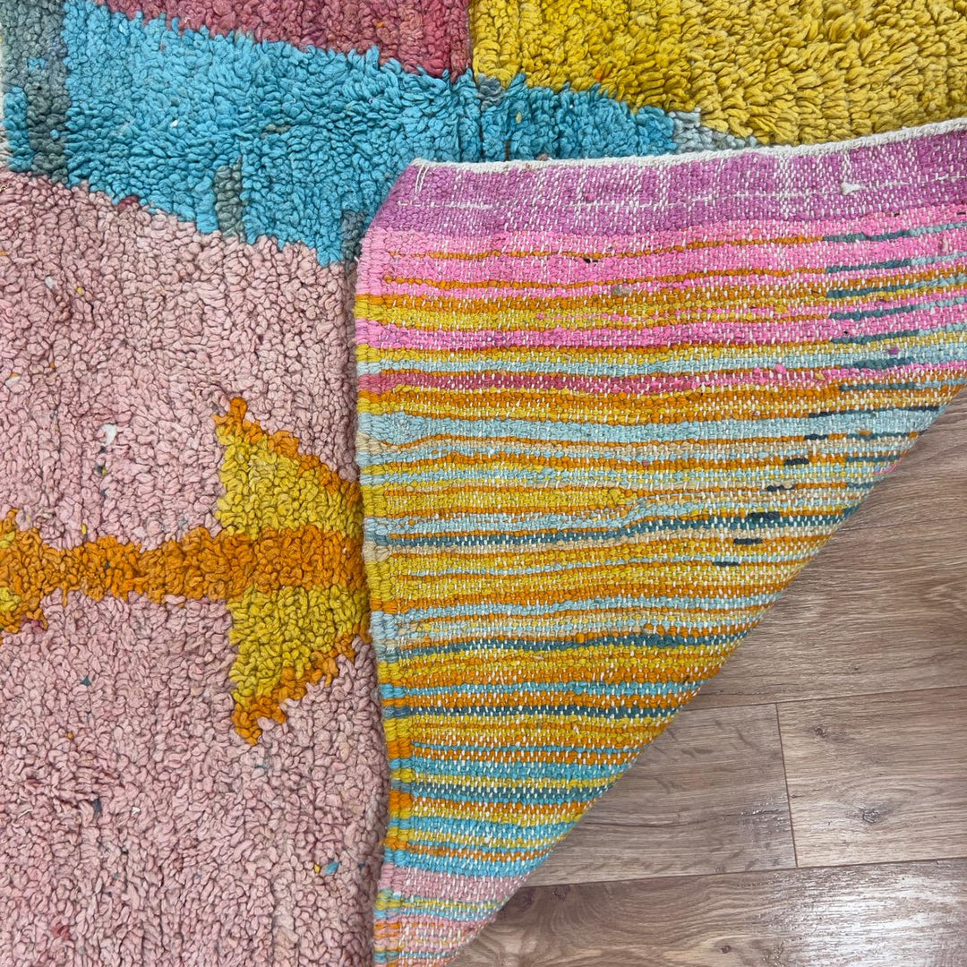 Vintage Moroccan wool rug 8.82x8.79 ft, handmade Berber rug with abstract geometric pattern, colorful shag Moroccan carpet in yellow, pink, turquoise and black tones