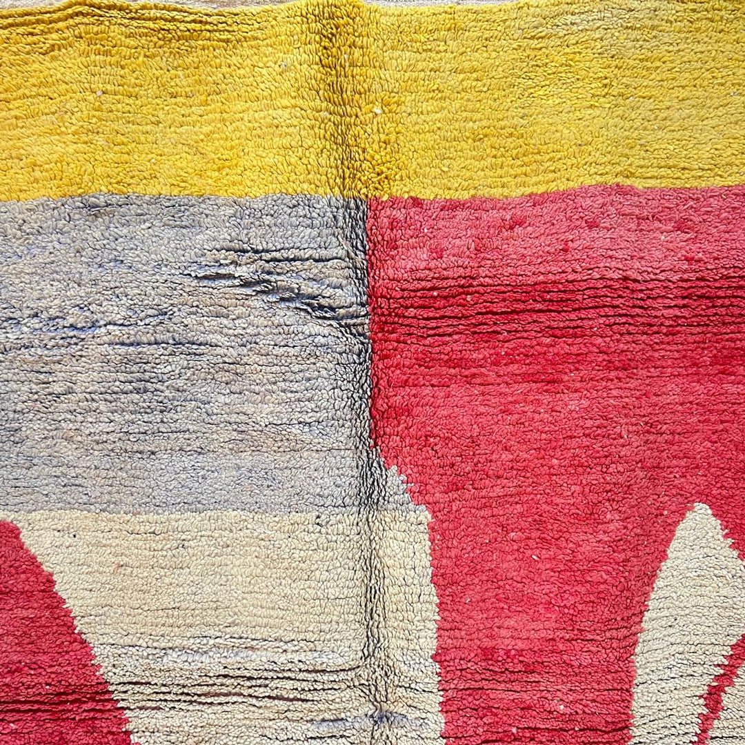 Vintage Moroccan wool rug with abstract Berber design in mustard, red, ivory and green, handmade in Morocco, size 261x160 cm