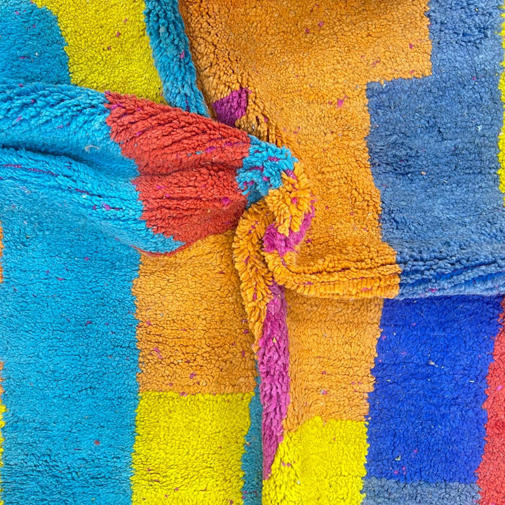 Vintage Moroccan wool rug with colorful abstract Berber geometric pattern, handmade in Morocco