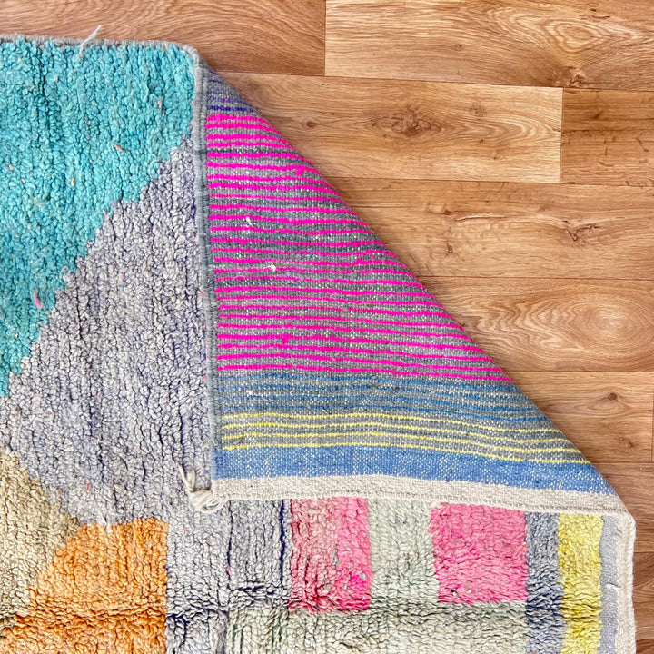 Vintage Moroccan wool rug with pastel geometric blocks in pink, green, blue and caramel