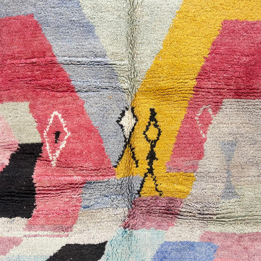 Vintage Moroccan wool rug with abstract Berber pattern in pink, yellow and blue