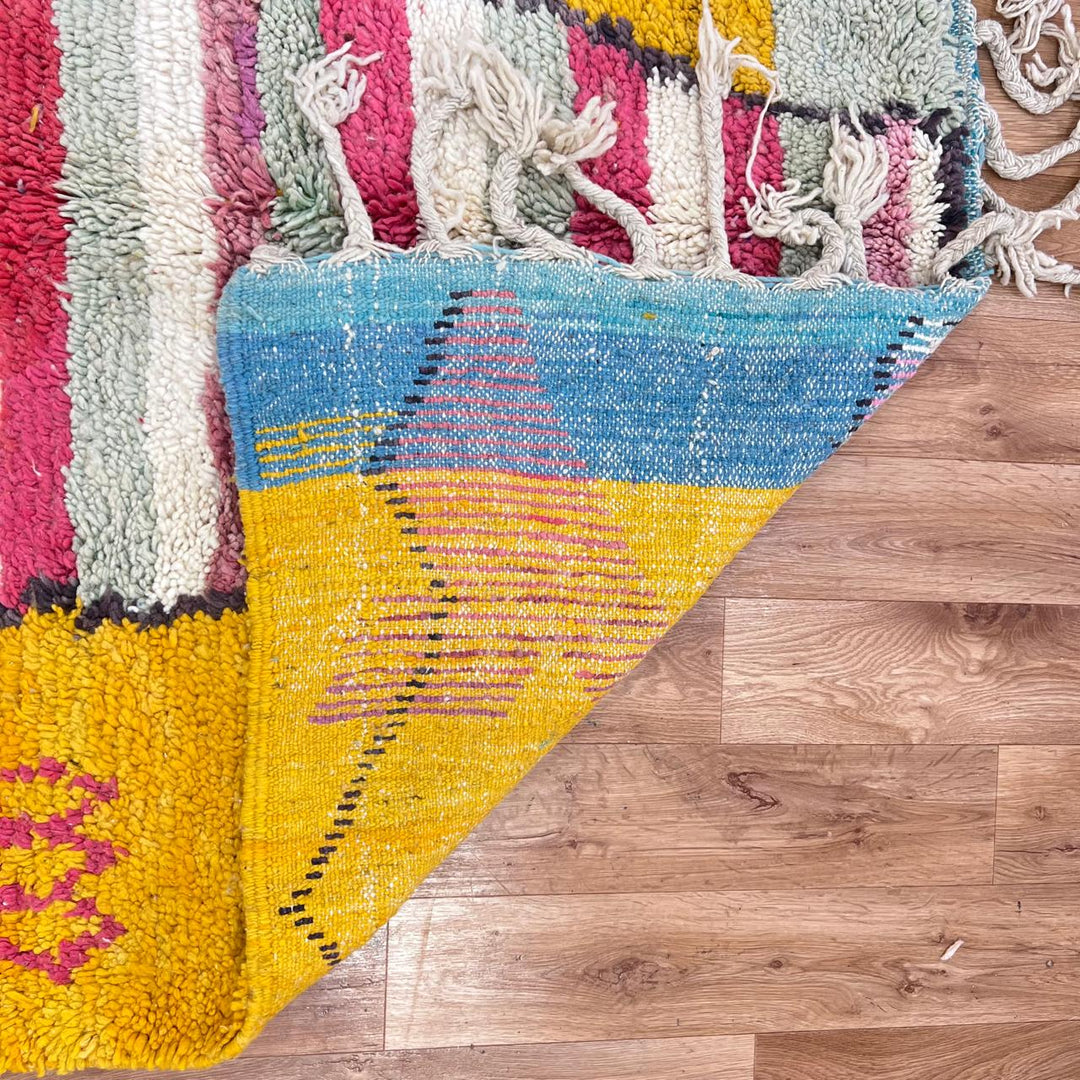 Vintage Moroccan wool rug with mustard yellow background and central striped pastel panel, abstract geometric Berber carpet 265x153 cm