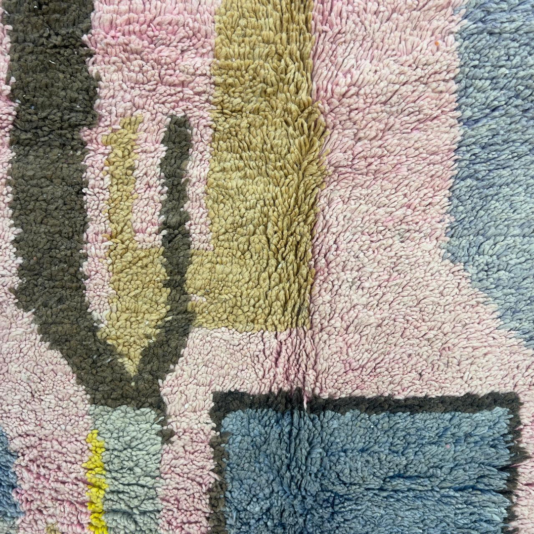Vintage Moroccan wool rug 7.80x5.35 ft, handmade Berber shag rug with abstract geometric design in pink, grey, beige and burgundy tones