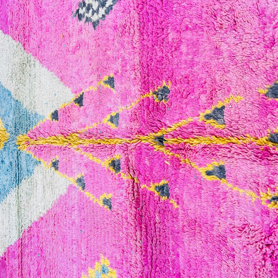 Vintage Moroccan wool rug with colorful Berber geometric and symbolic pattern, handmade in Morocco