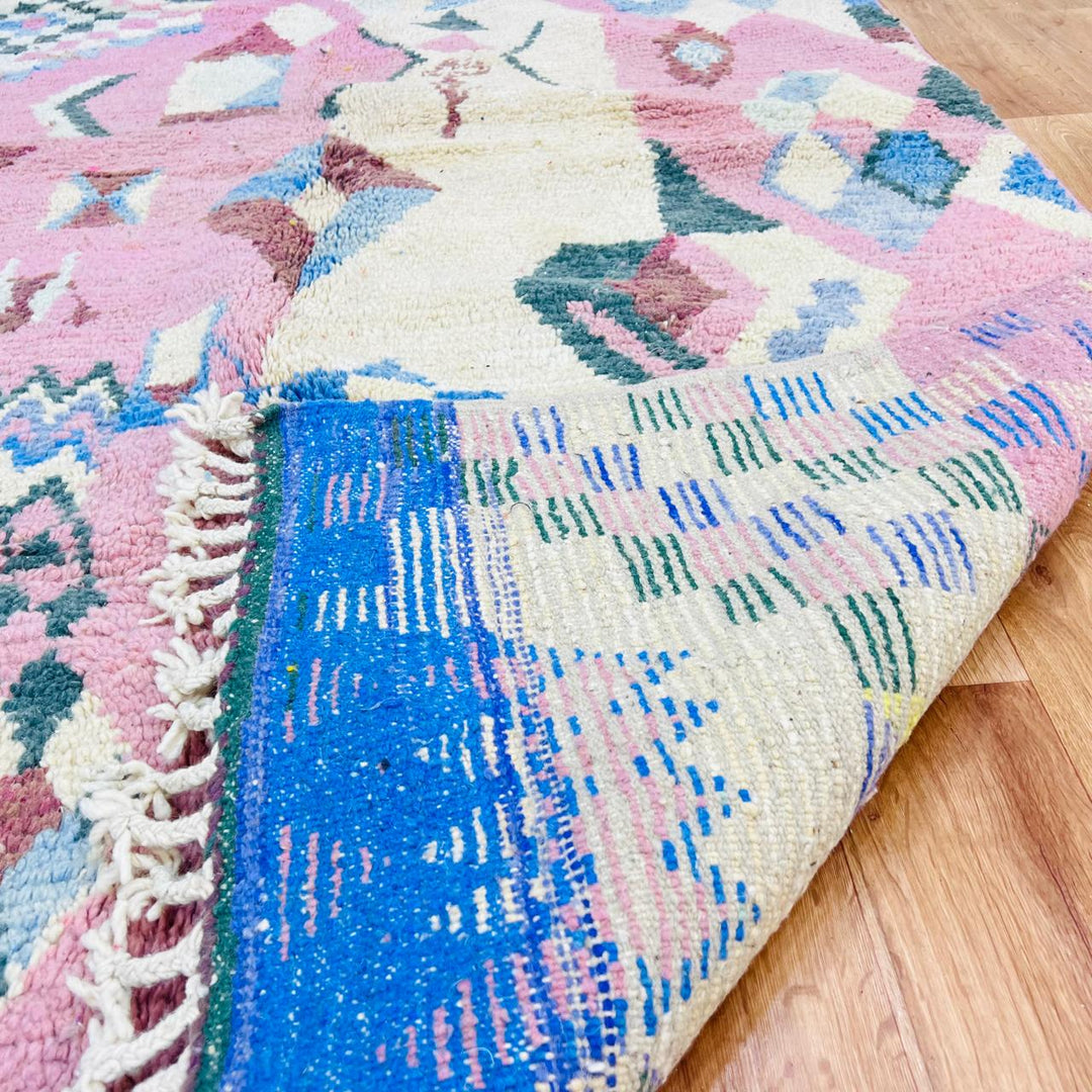 Vintage Moroccan wool rug with abstract Berber symbols in blush pink, pastel yellow and blue, size 263x160 cm