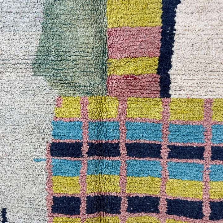 Vintage Moroccan wool rug 8.53x5.68 ft, handmade Berber shag carpet with colorful geometric tribal patterns in brown, pink, blue and mustard tones