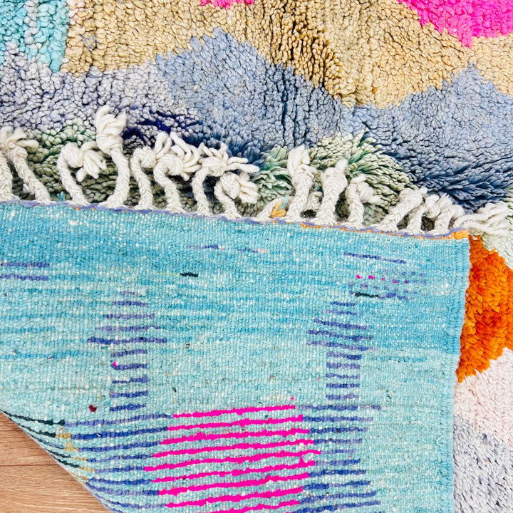 Vintage Moroccan wool rug with colorful Berber diamond geometric pattern, handmade in Morocco