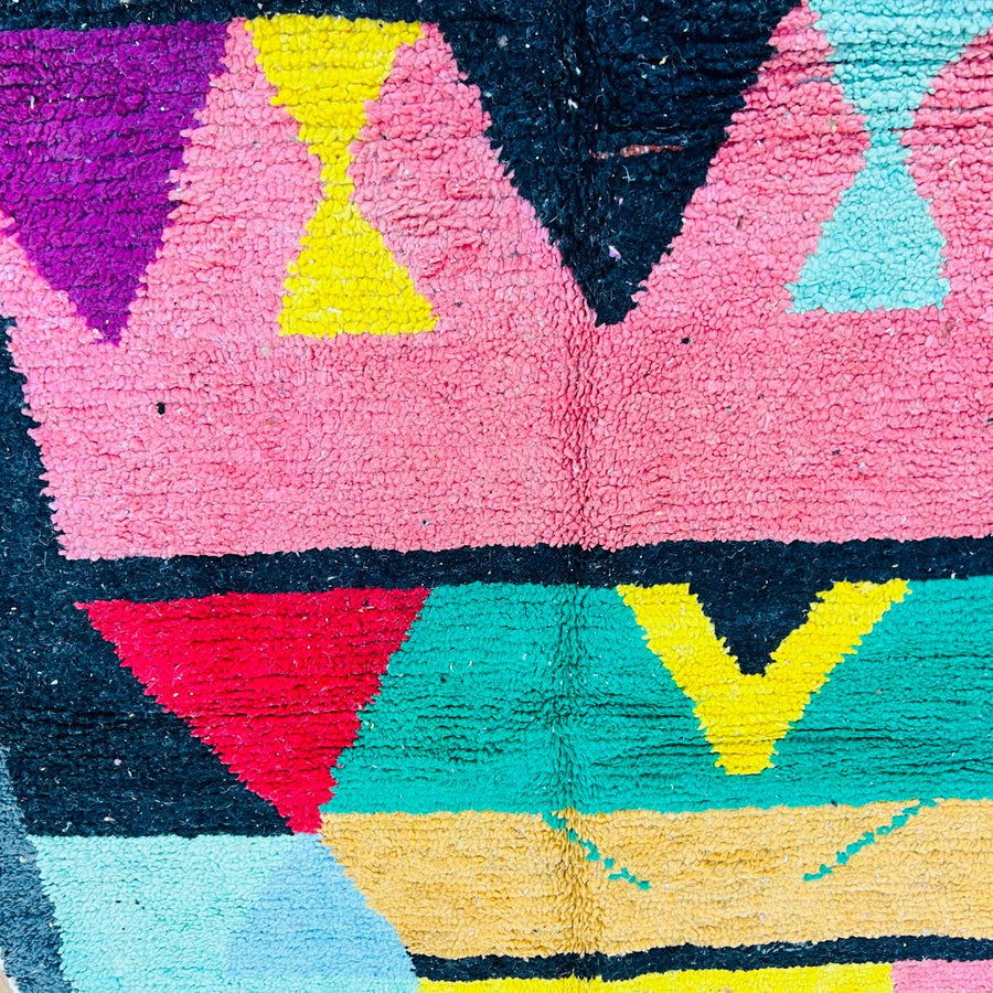 Handmade vintage Moroccan wool rug with colorful geometric Berber design. One-of-a-kind artisan rug, 290×155 cm.