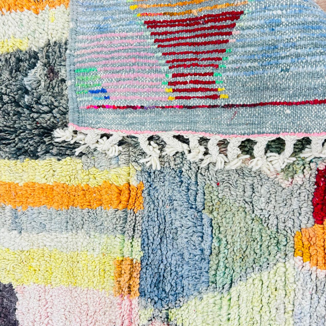 Vintage Moroccan wool rug 267x150 cm with abstract vertical design in blue, yellow, red and sage green – handmade Berber carpet from Morocco